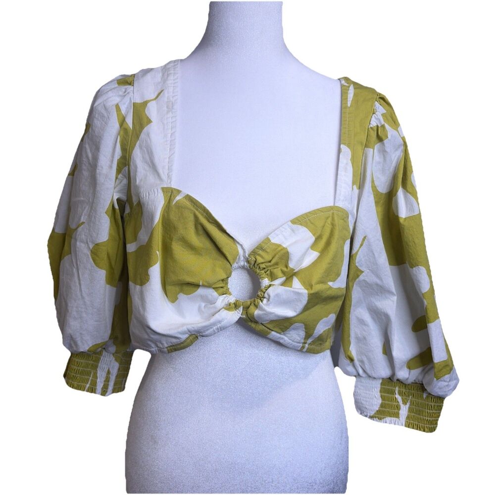 Future Collective Crop Top Sz XL Women’s Green White Puff Sleeved Sweetheart